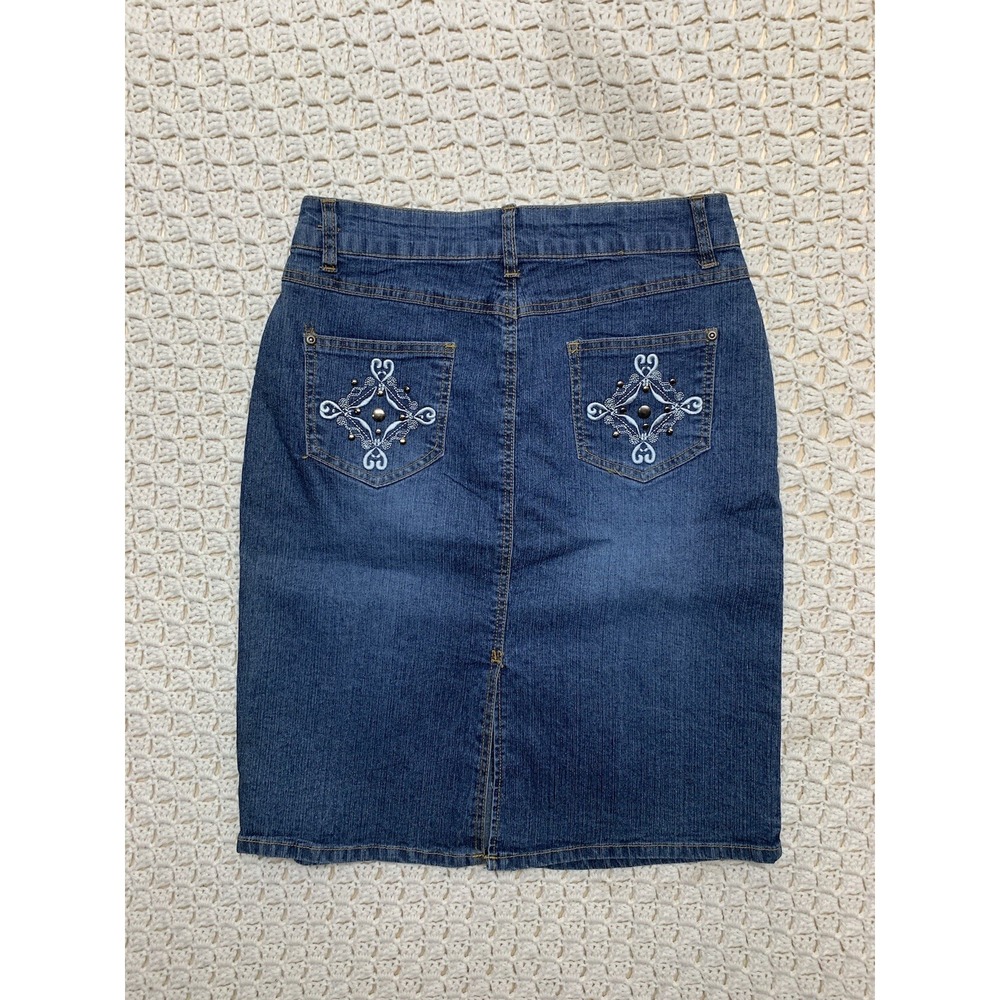 New Hip Jean Skirts Size 9  Blue‎ Denim Stretch  Knee Length Embroidered Pockets